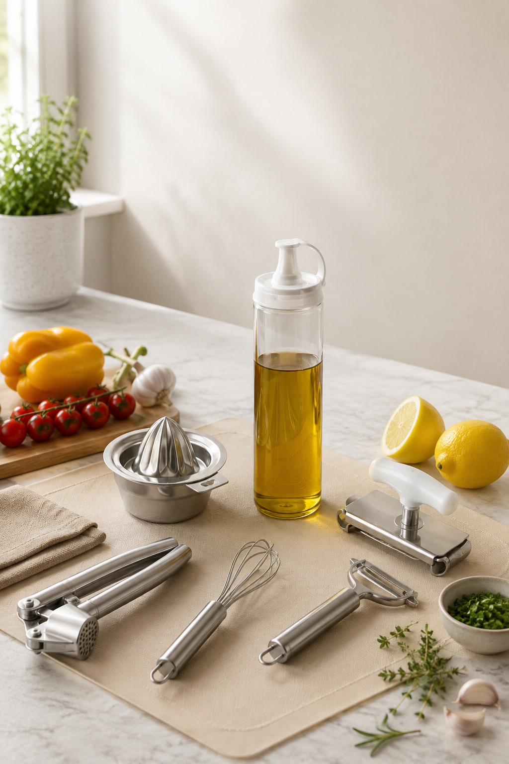 Mutfak tezgahinda yagdanlik, limon sikacagi, cirpici, soyacak ve rende