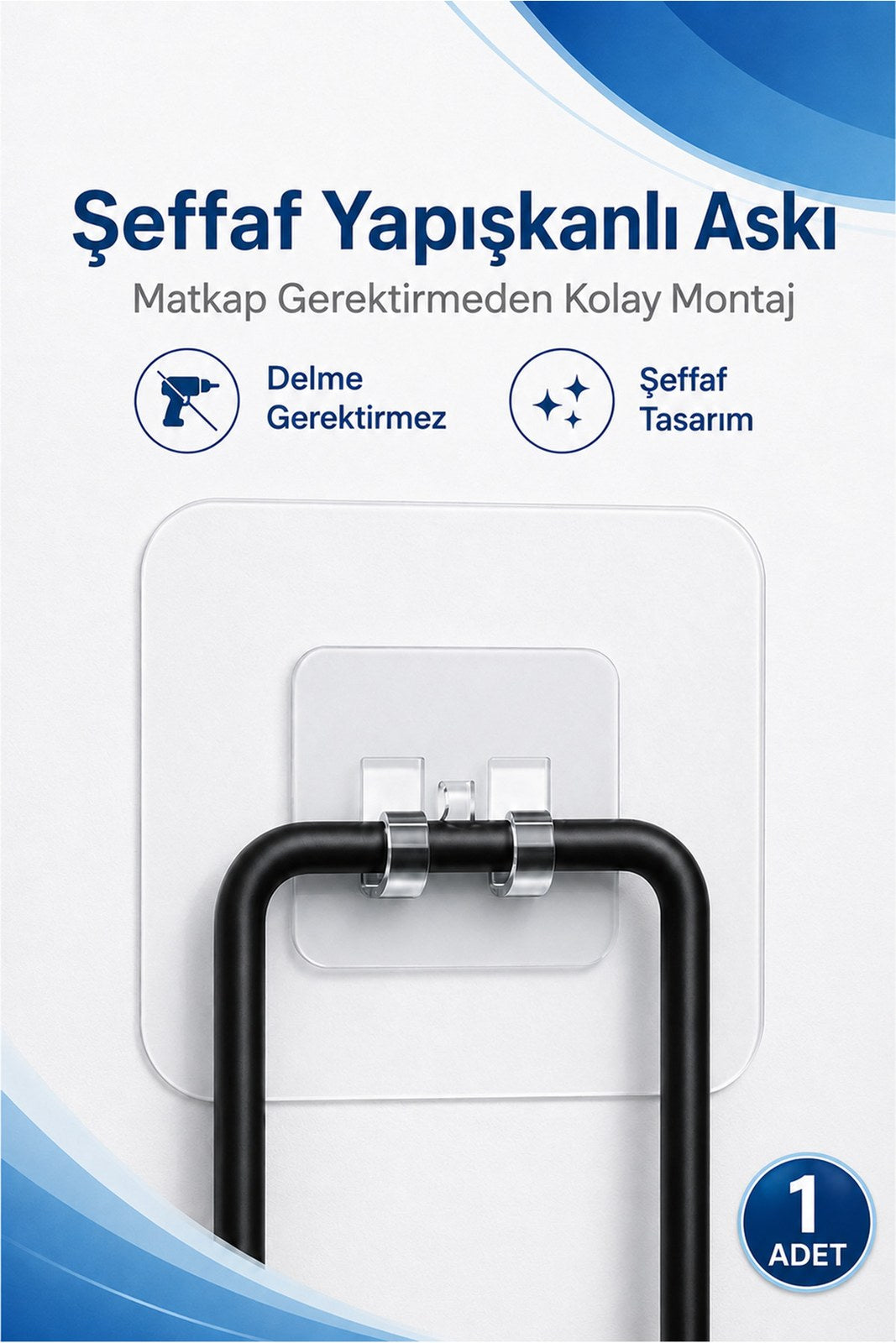 Şeffaf Yapışkanlı Askı - Matkap Gerektirmeden Kolay Montaj, Tekli Telli (1 Adet)