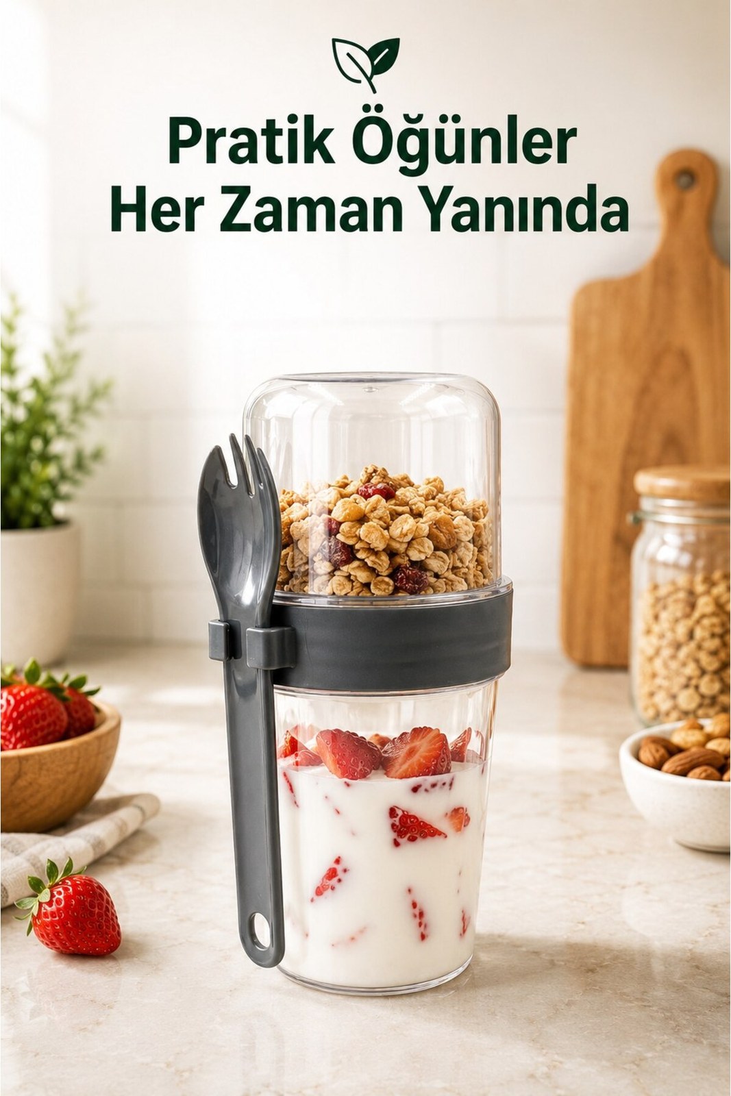 Bölmeli Müsli Kabı 800 ml Çatal Kaşıklı Sızdırmaz Taşınabilir Yoğurt Kabı