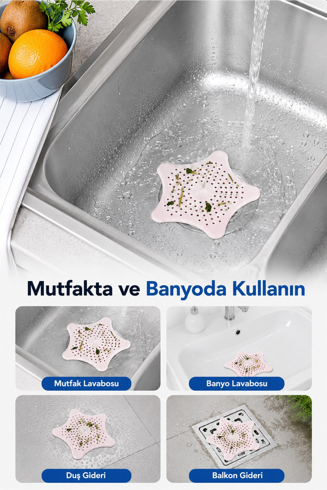 Yıldız Silikon Lavabo Gider Süzgeci 16x16 cm, Saç ve Yemek Artığı Tutucu (1 Adet)