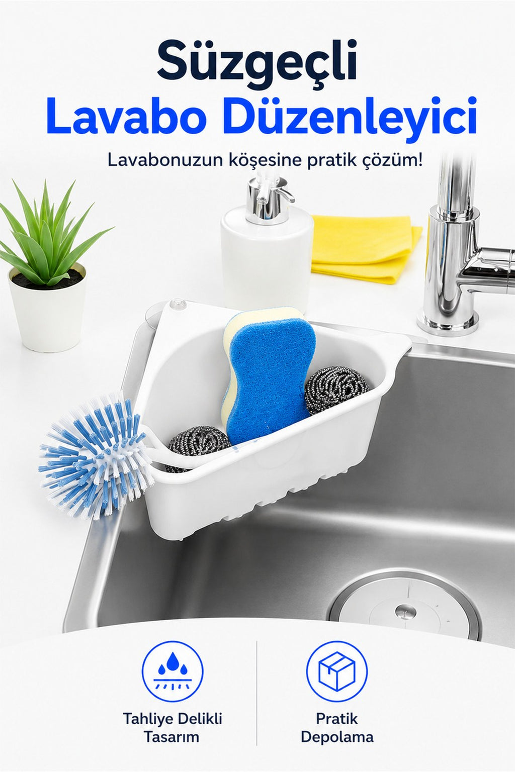 Banyo Düzenleyici Süzgeçli Köşe Lavabo Rafı - Üçgen Bulaşık Sepeti (1 Adet)