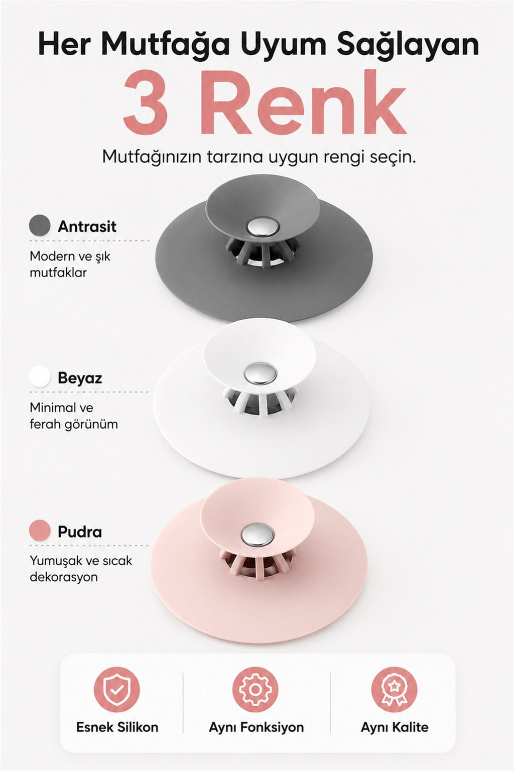 2 Fonksiyonlu Silikon Lavabo Süzgeci ve Gider Kapatıcı, Küvet Tıkacı (1 Adet)