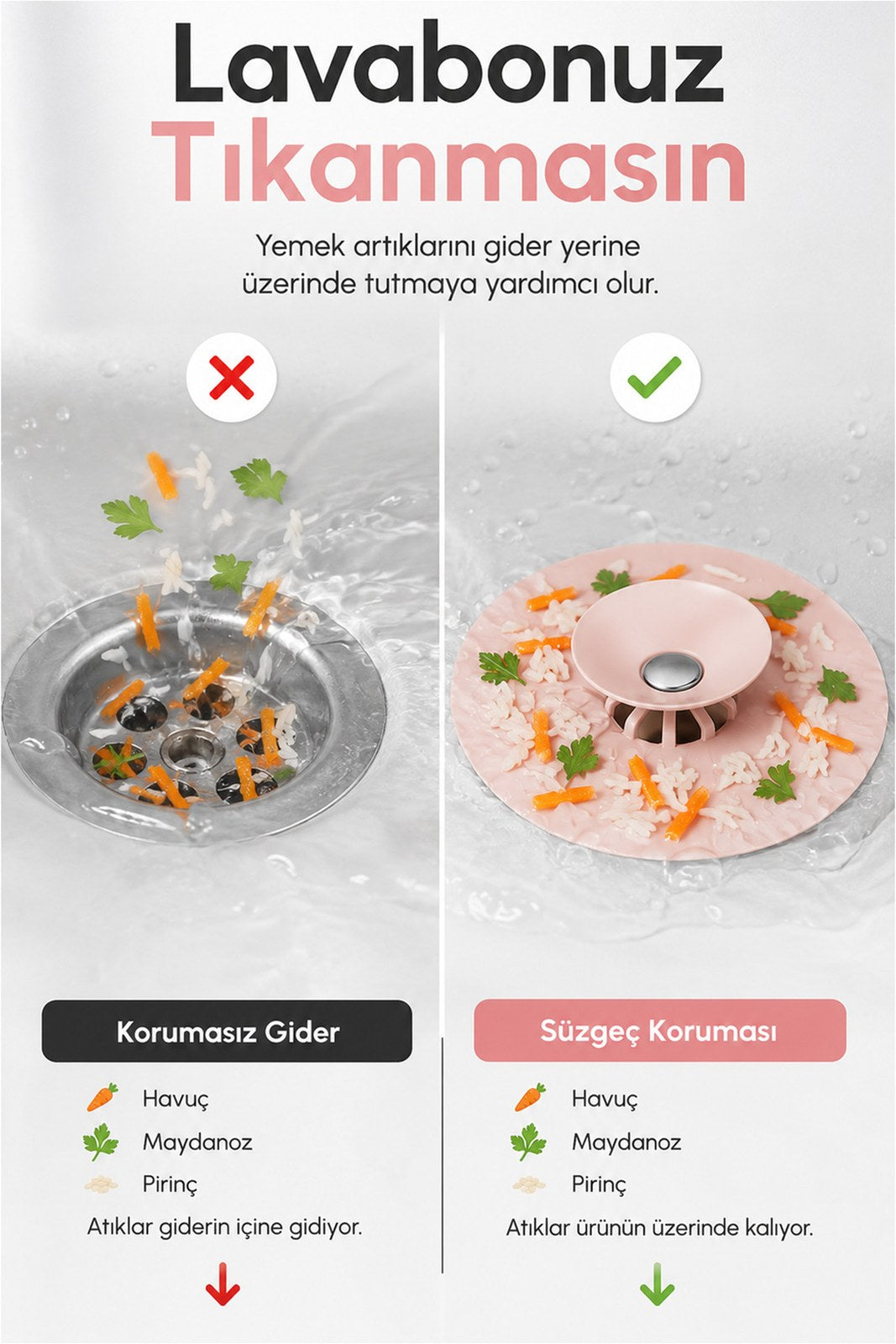 2 Fonksiyonlu Silikon Lavabo Süzgeci ve Gider Kapatıcı, Küvet Tıkacı (1 Adet)
