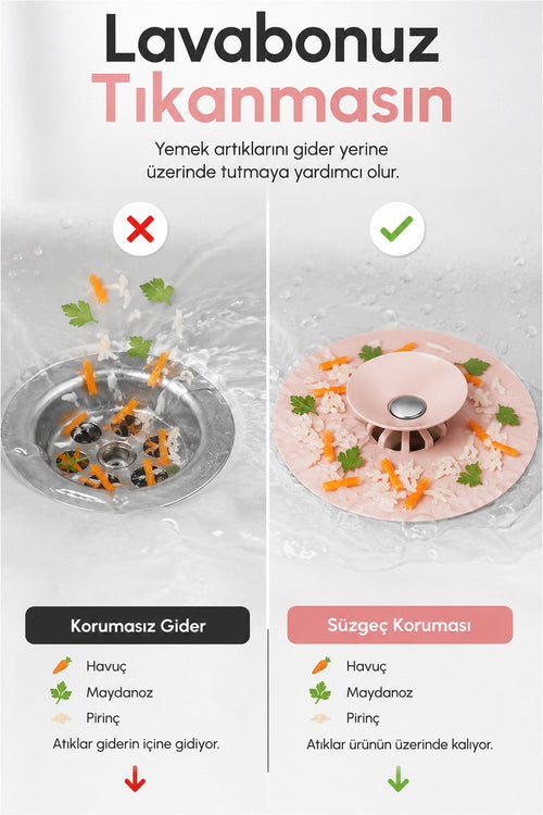 2 Fonksiyonlu Silikon Lavabo Süzgeci ve Gider Kapatıcı, Küvet Tıkacı (1 Adet)