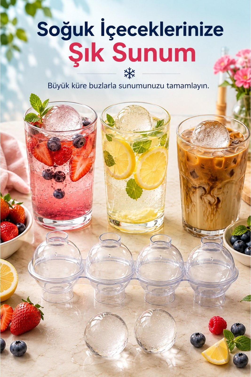 4'lü Küre Buz Kalıbı Kapaklı Yuvarlak Buz Topu