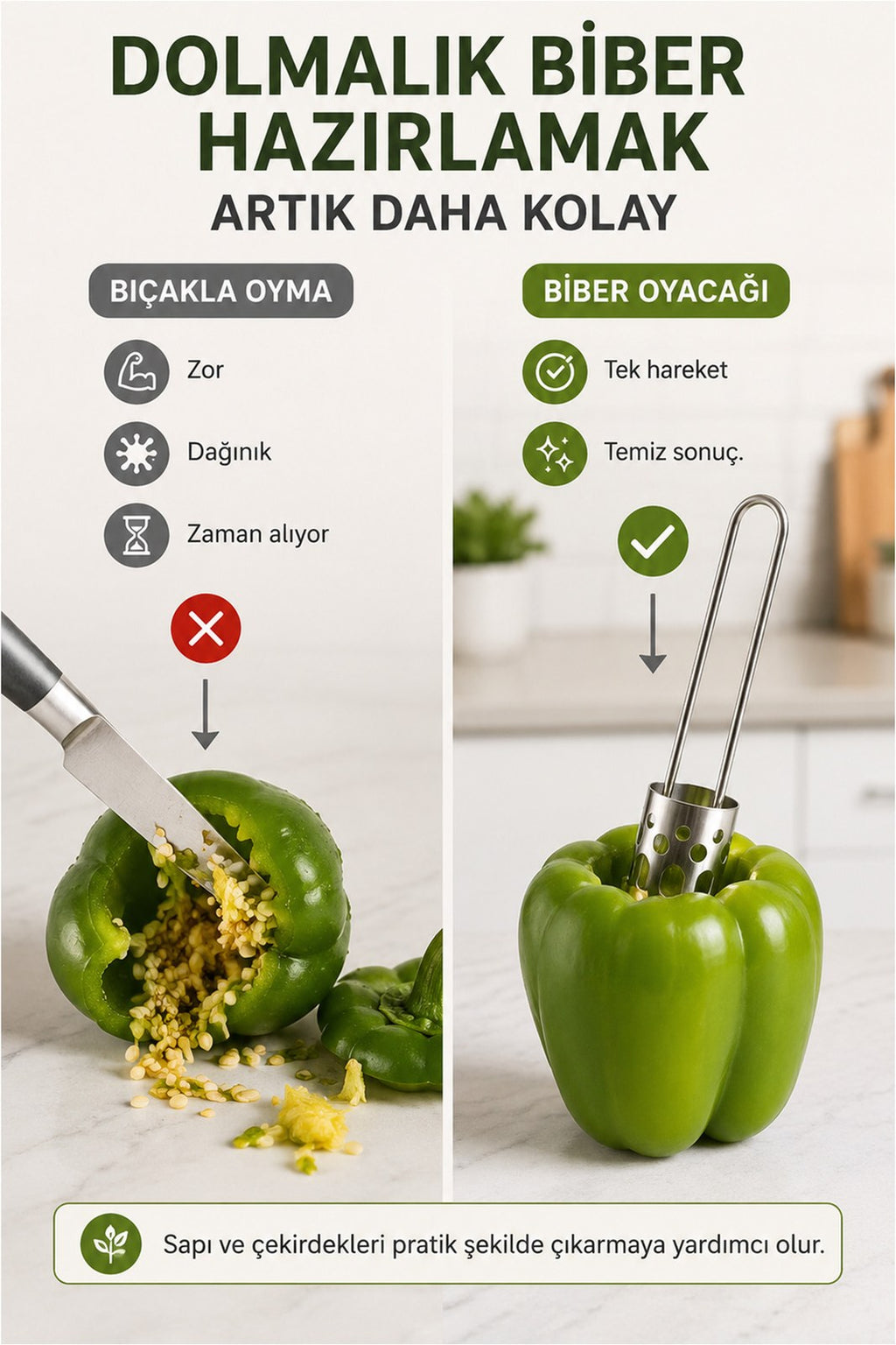 Paslanmaz Çelik Biber Oyacağı - Sapı ve Çekirdekleri Tek Hamlede Çıkaran Pratik Aparat (1 Adet)