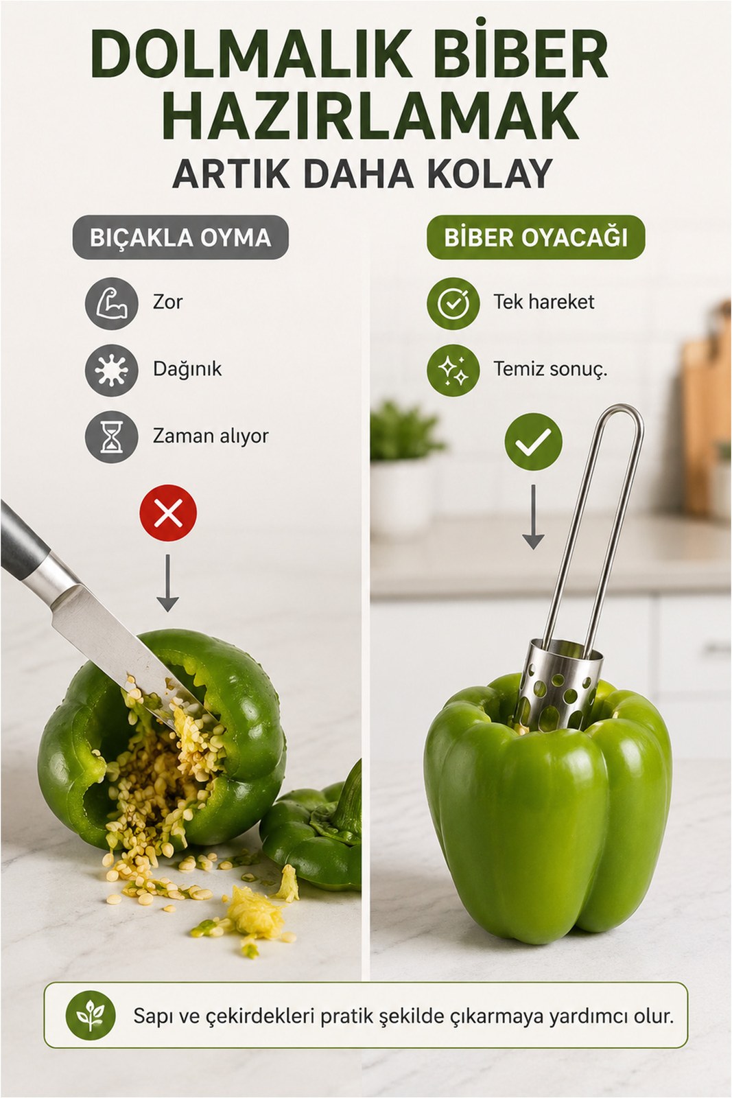 Paslanmaz Çelik Biber Oyacağı - Sapı ve Çekirdekleri Tek Hamlede Çıkaran Pratik Aparat (1 Adet)