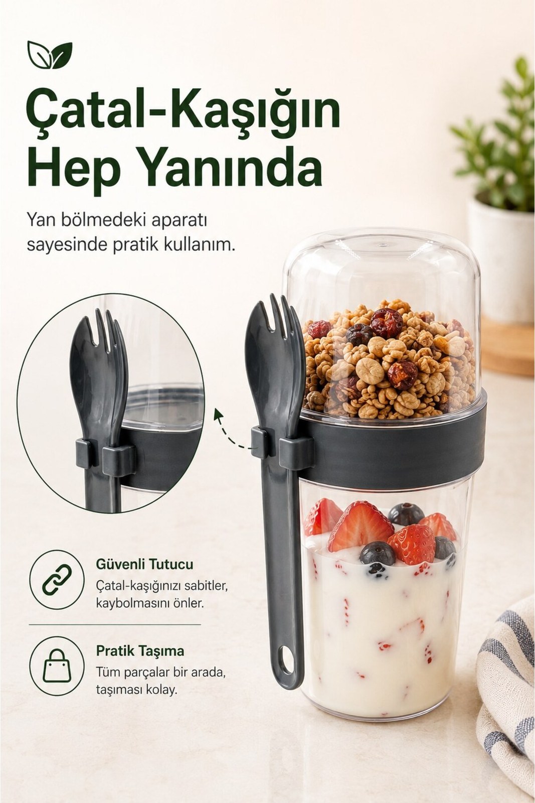 Bölmeli Müsli Kabı 800 ml Çatal Kaşıklı Sızdırmaz Taşınabilir Yoğurt Kabı