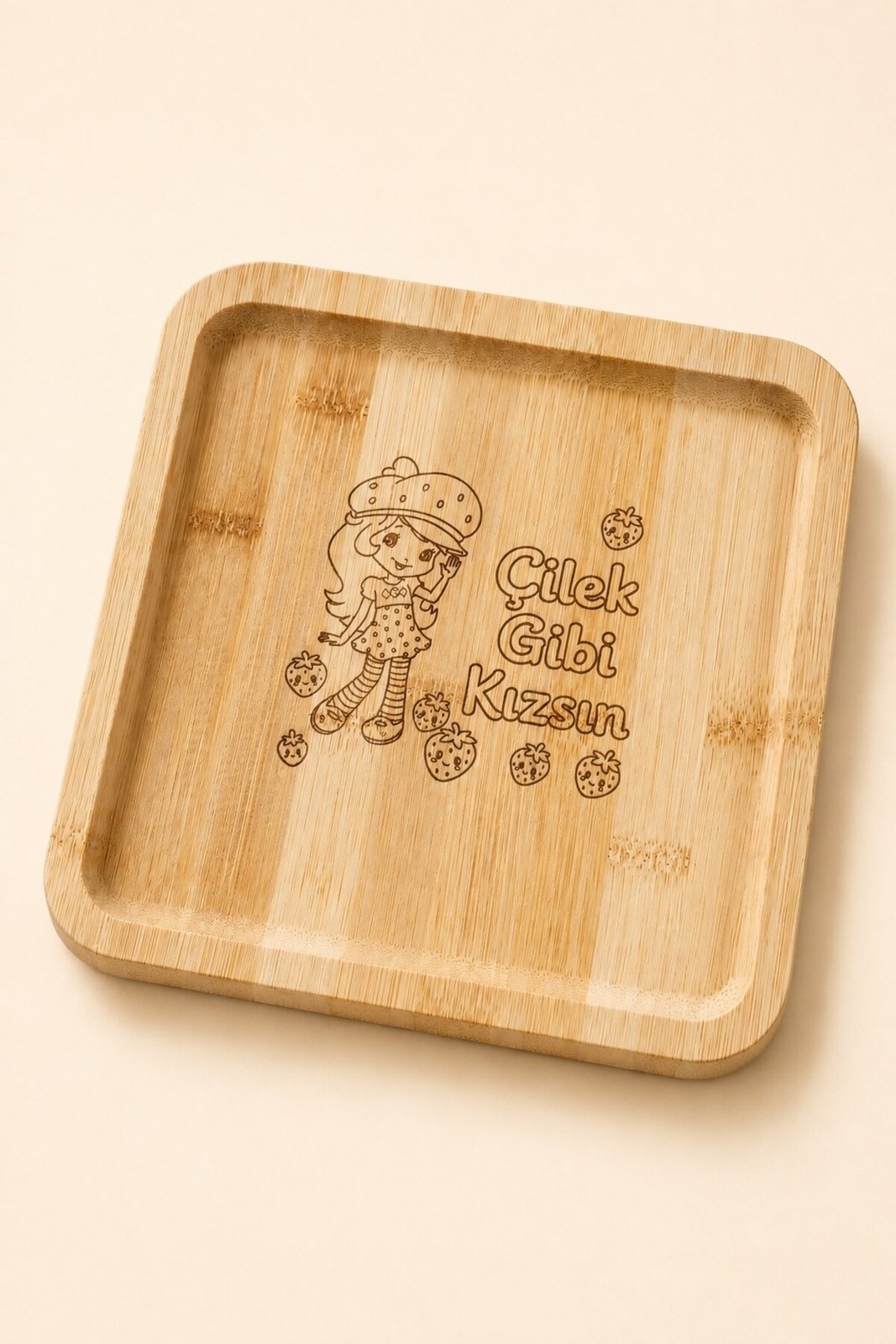 Çilek Gibi Kızsın 20x20 cm Doğal Bambu Meyve Sunum Tabağı