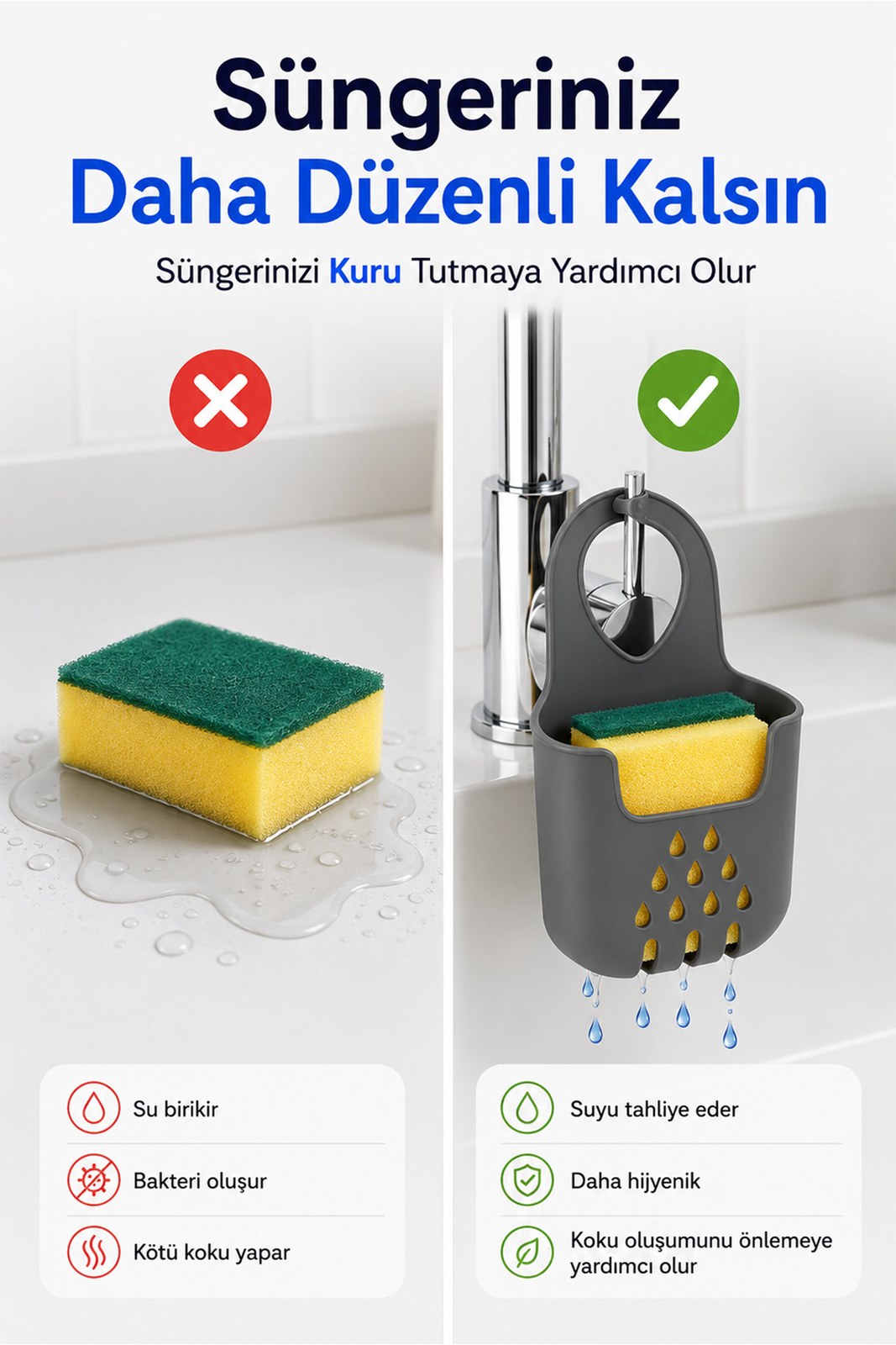 Banyo Düzenleyici Askılı Musluk Rafı - Lavabo Kenarı Sünger ve Deterjan Sepeti (1 Adet)