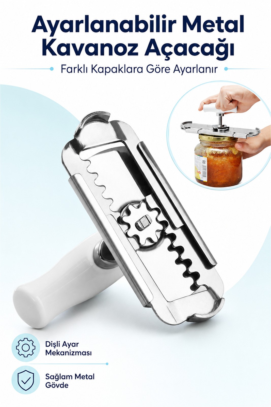 Metal Kavanoz Açacağı - Ayarlanabilir Mekanizma, Sıkı Kapakları Kolayca Açın (1 Adet)