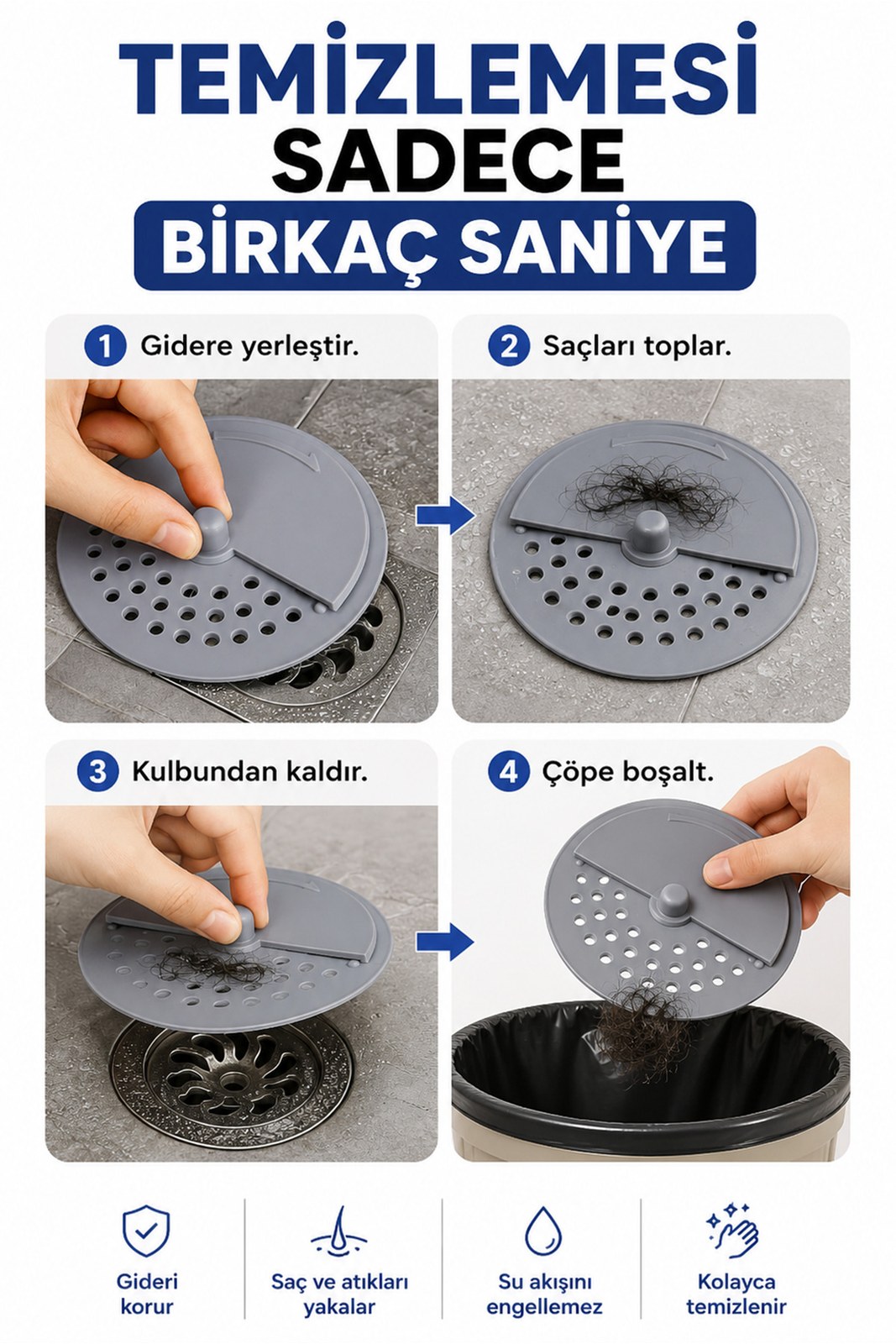 Silikon Twist Lavabo Gider Süzgeci 10 cm, Döner Kapaklı Saç ve Atık Tutucu (1 Adet)