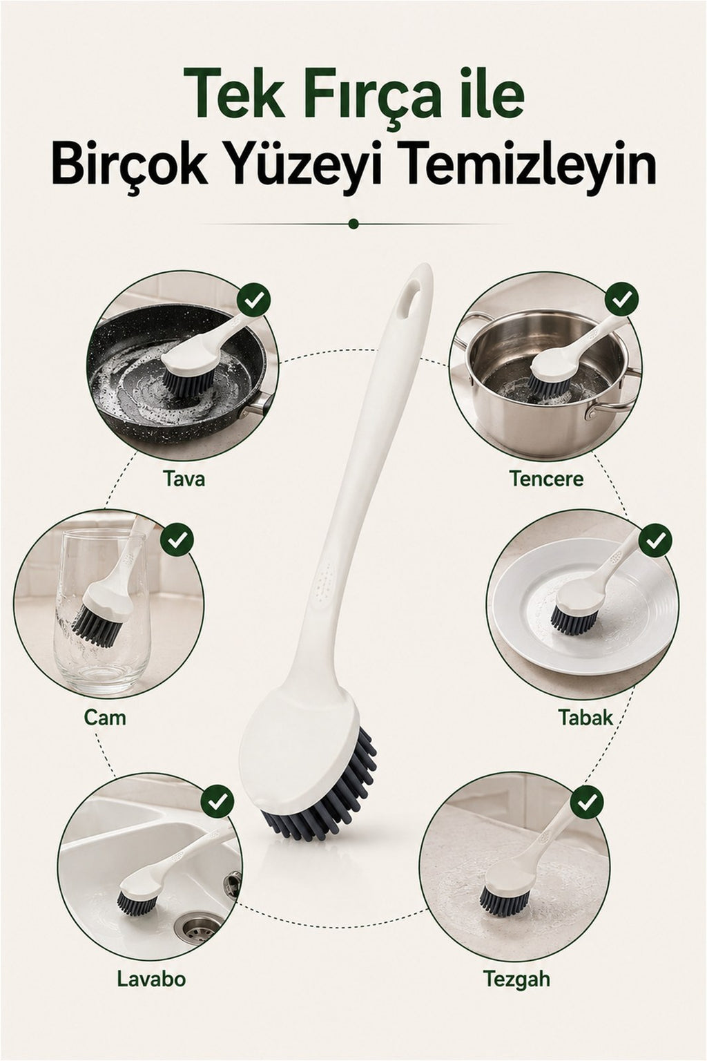 Silikon Çok Amaçlı Temizlik Fırçası - Ergonomik Saplı Bulaşık Fırçası (1 Adet)