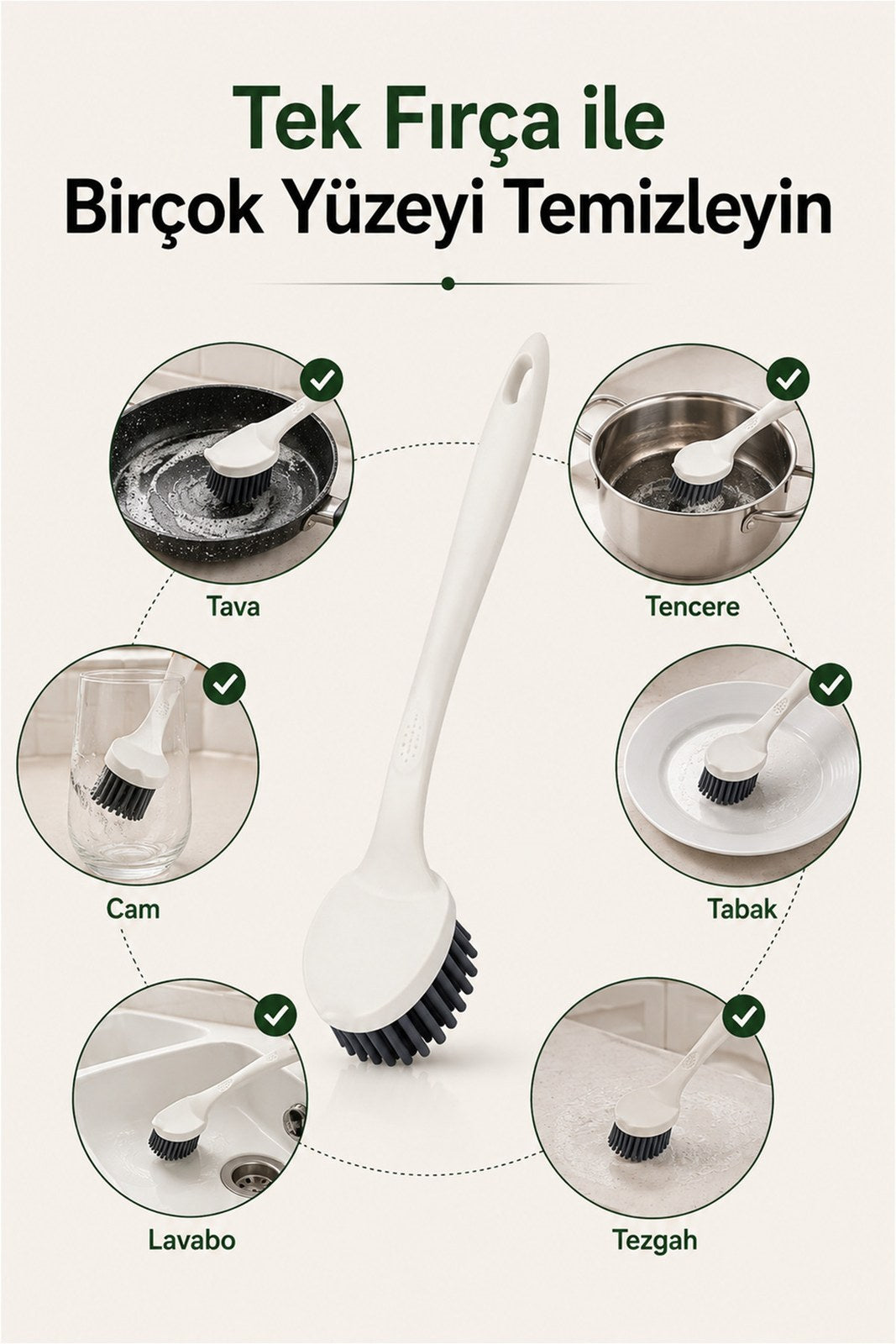 Silikon Çok Amaçlı Temizlik Fırçası - Ergonomik Saplı Bulaşık Fırçası (1 Adet)