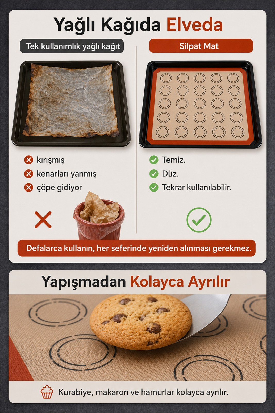 Silikon Pişirme Matı 30x40 cm, Yıkanabilir Hamur Açma ve Fırın Altlığı (1 Adet)