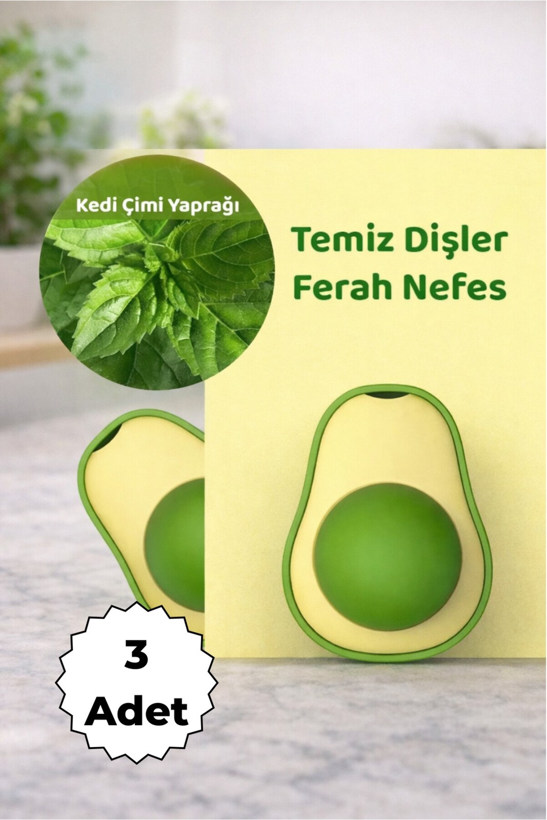 Avokado Tasarımlı Kedi Nanesi Yalama Topu, Yapışkanlı 360° Döner Catnip (3 Adet)