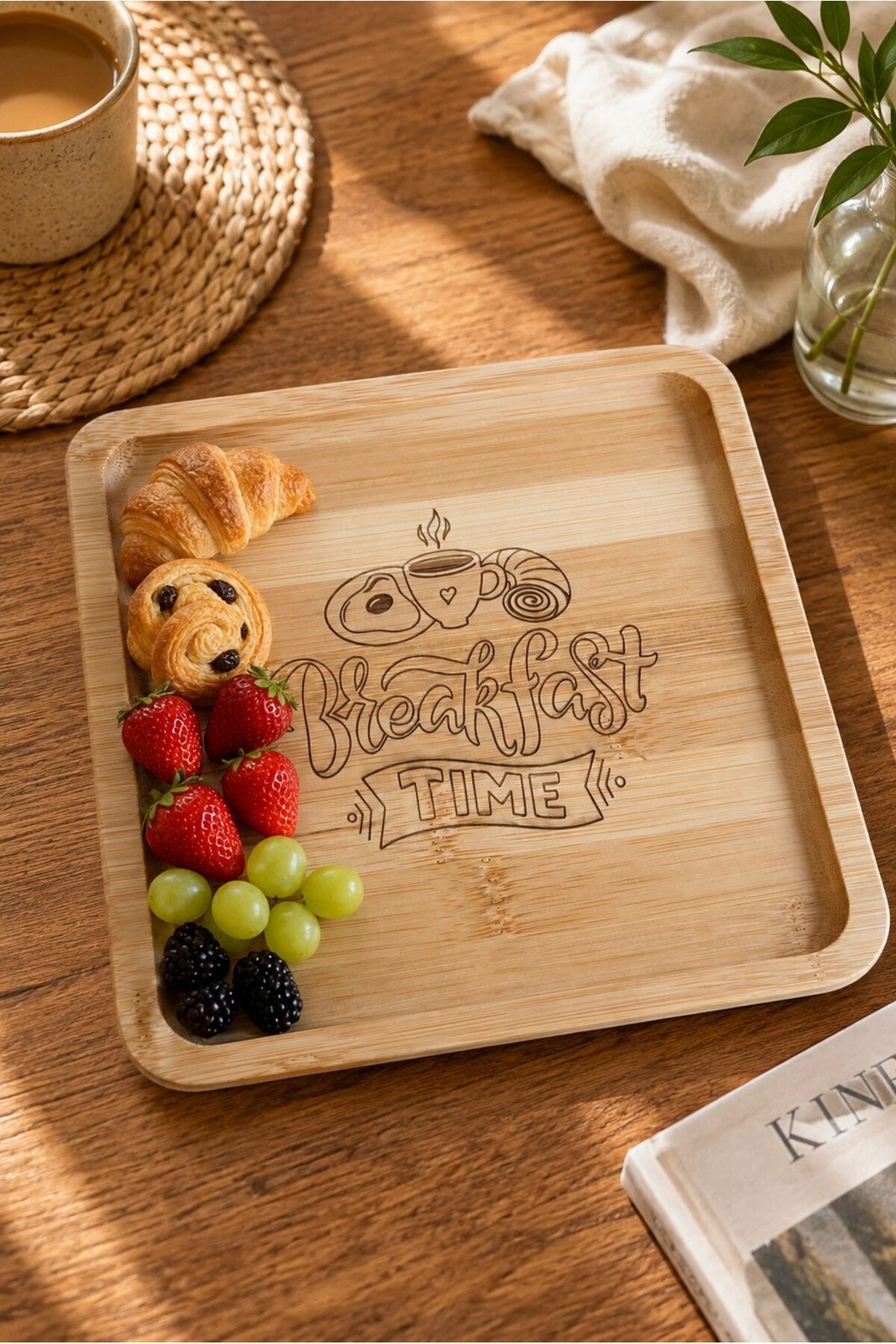 Breakfast Time 20x20 cm Doğal Bambu Kahvaltı ve Sunum Tabağı