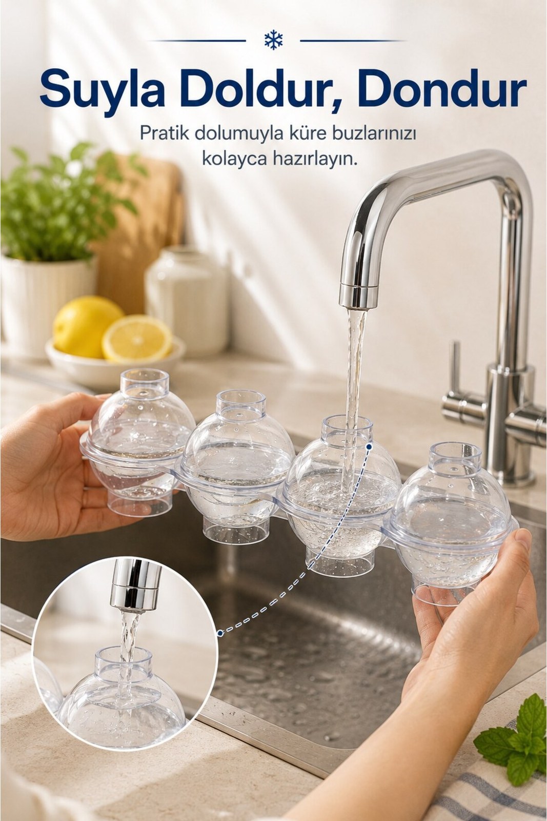 4'lü Küre Buz Kalıbı Kapaklı Yuvarlak Buz Topu
