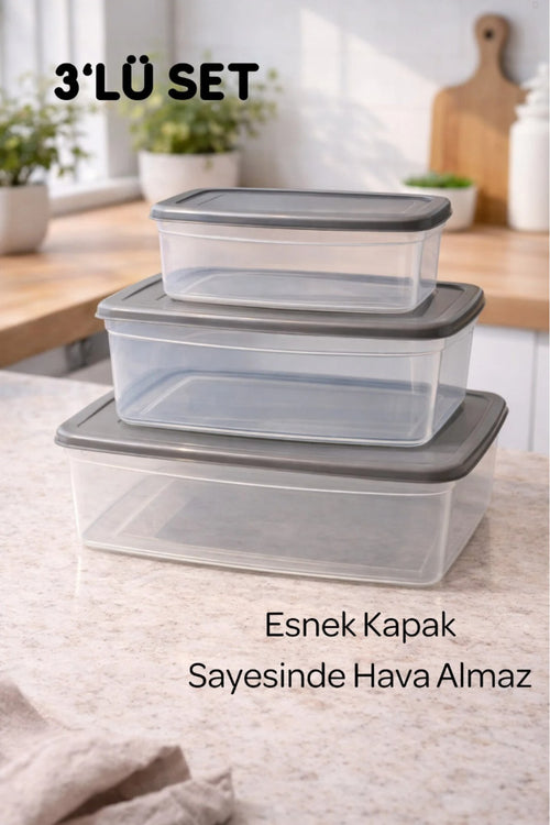 3’lü Saklama Kabı Seti Büyük Orta Küçük Boy Esnek Kapaklı Hava Almaz BPA Free