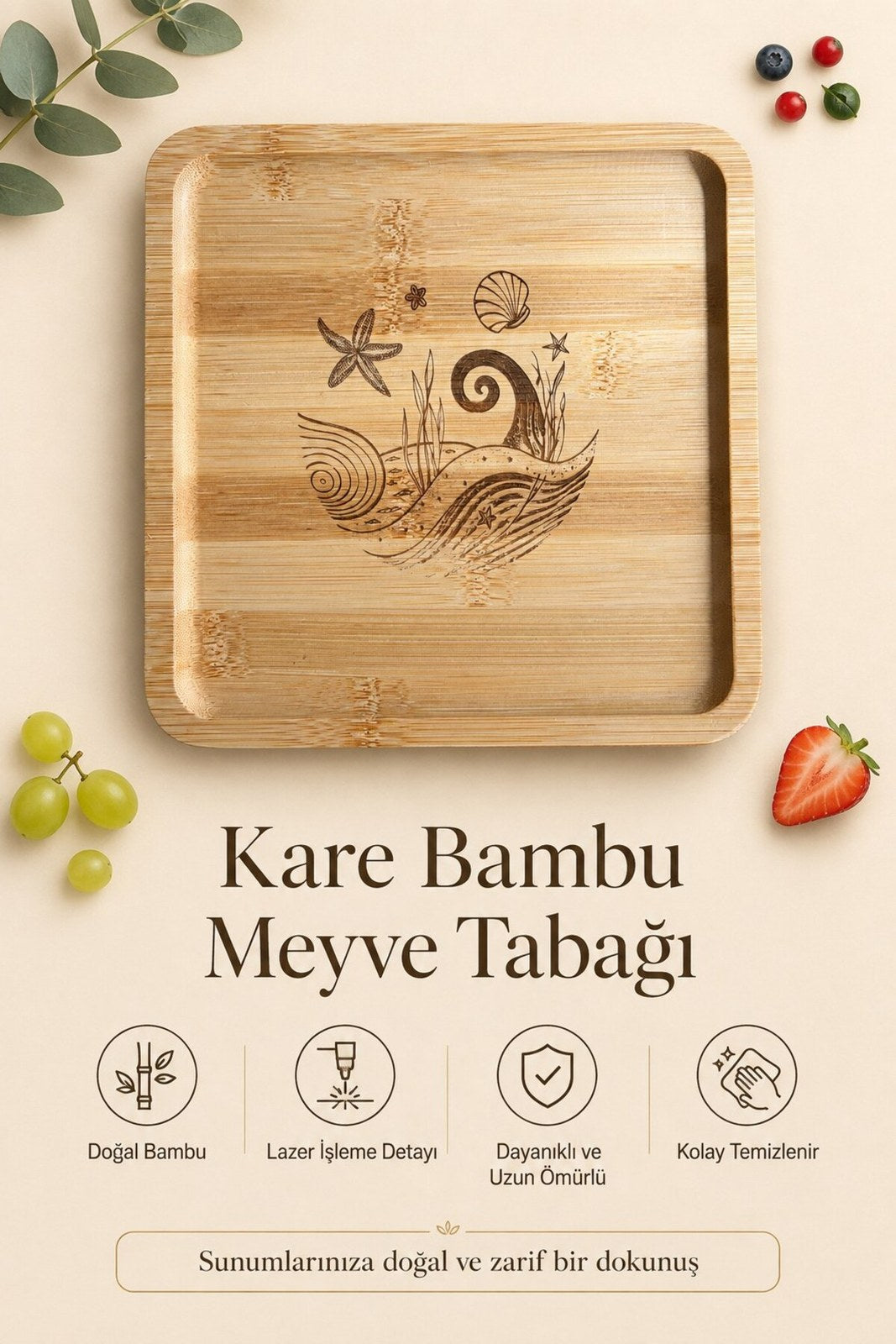 Deniz Esintisi 20x20 cm Doğal Bambu Meyve ve Sunum Tabağı