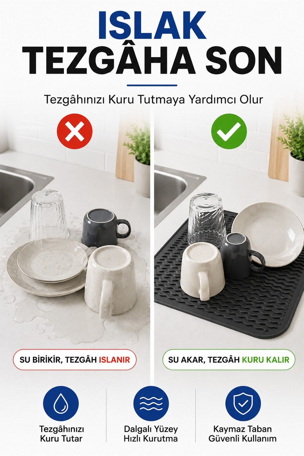 Bulaşık Kurutmalık - Wawe Desenli Silikon Çok Amaçlı Mat - Bulaşık Kurutma ve Tezgah Altlığı