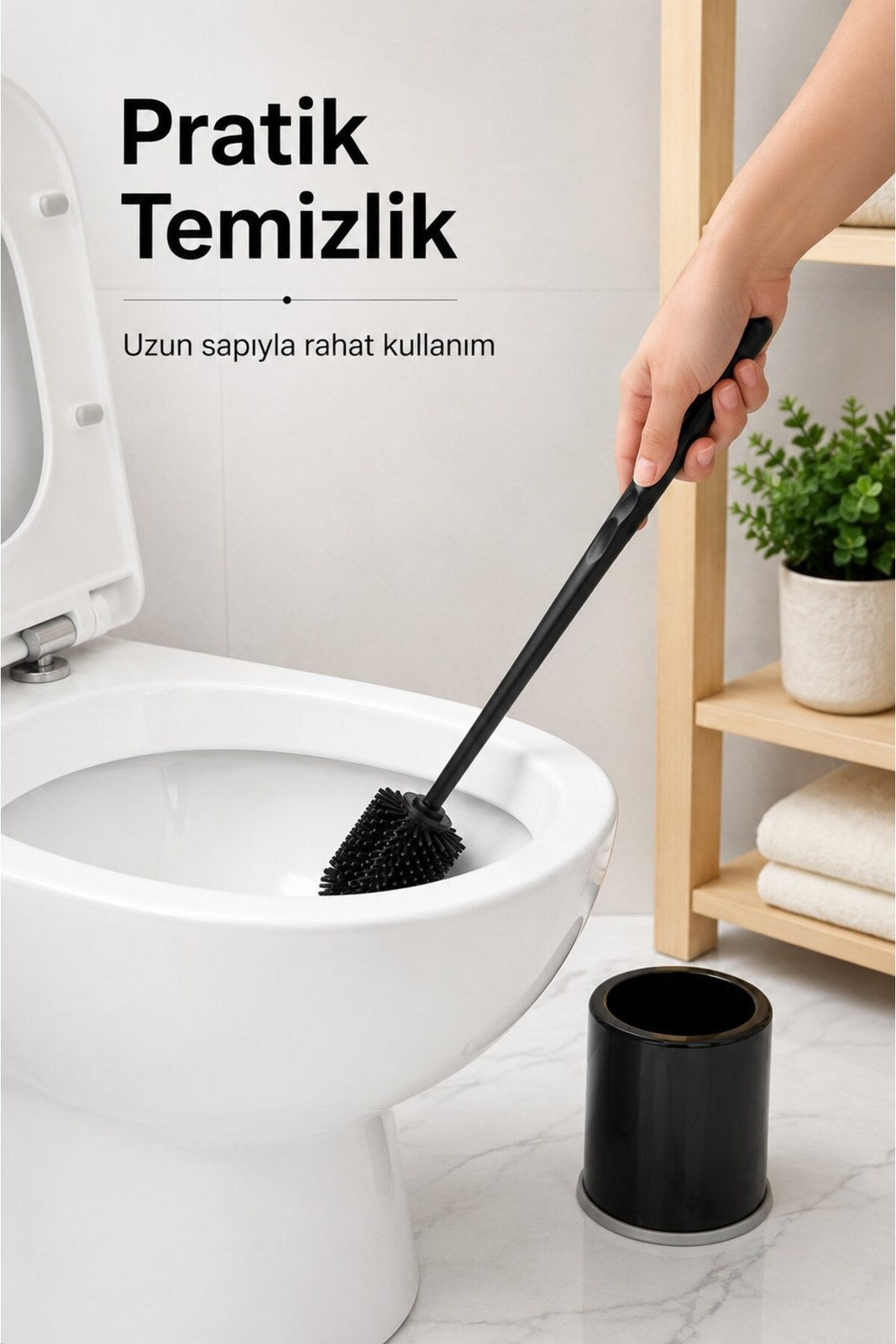 Silikon Tuvalet Fırçası Hazneli Uzun Saplı WC Temizleme Fırçası Siyah