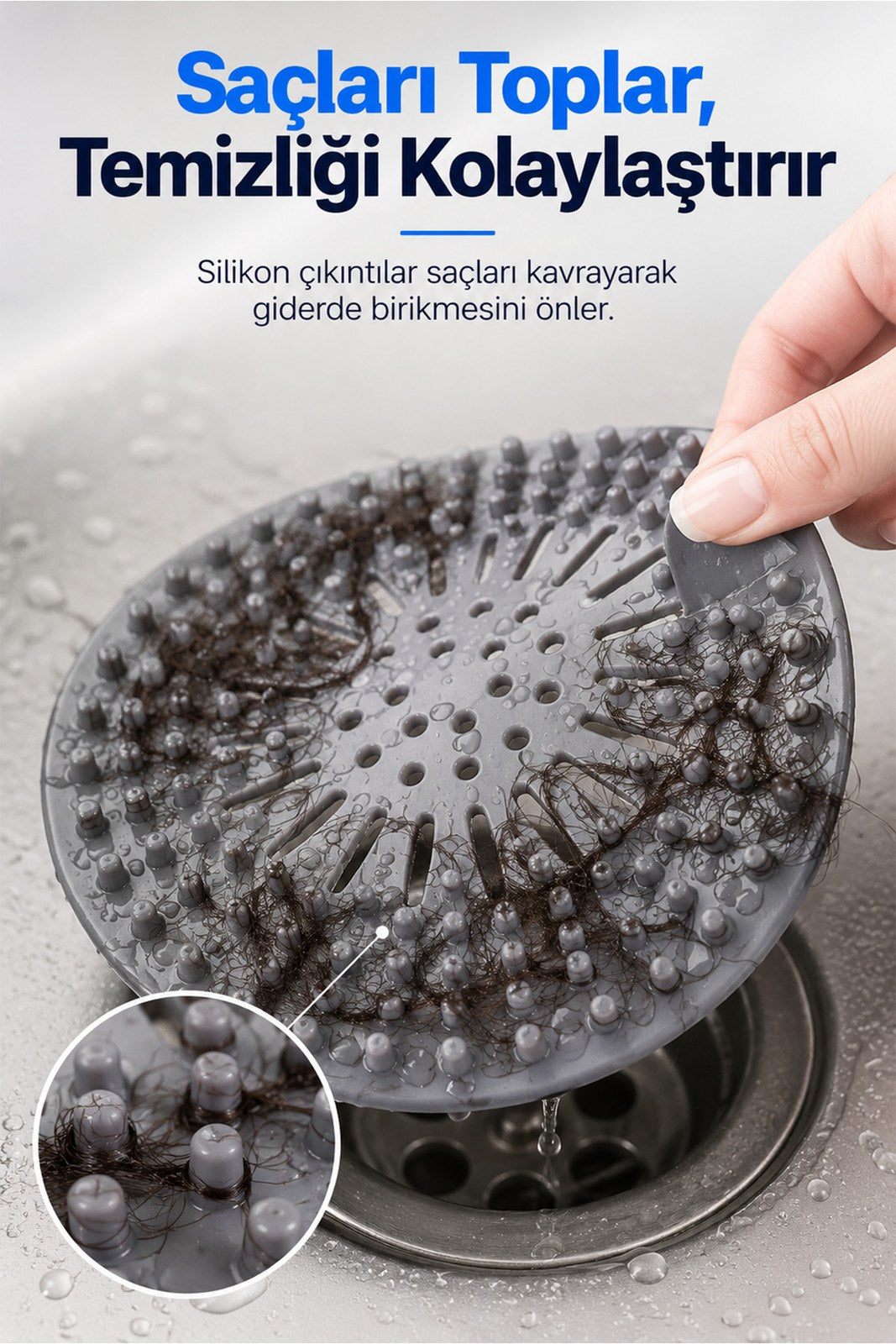 Yuvarlak Silikon Gider Süzgeci - Saç ve Yemek Artığı Yakalayıcı Lavabo Süzgeci (1 Adet)