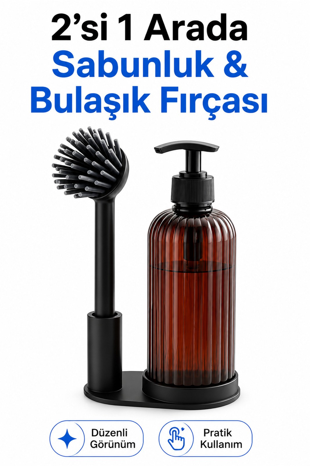 Sabunluklu Bulaşık Fırçası Standı - Deterjan Şişeli Fırça Seti (1 Adet)