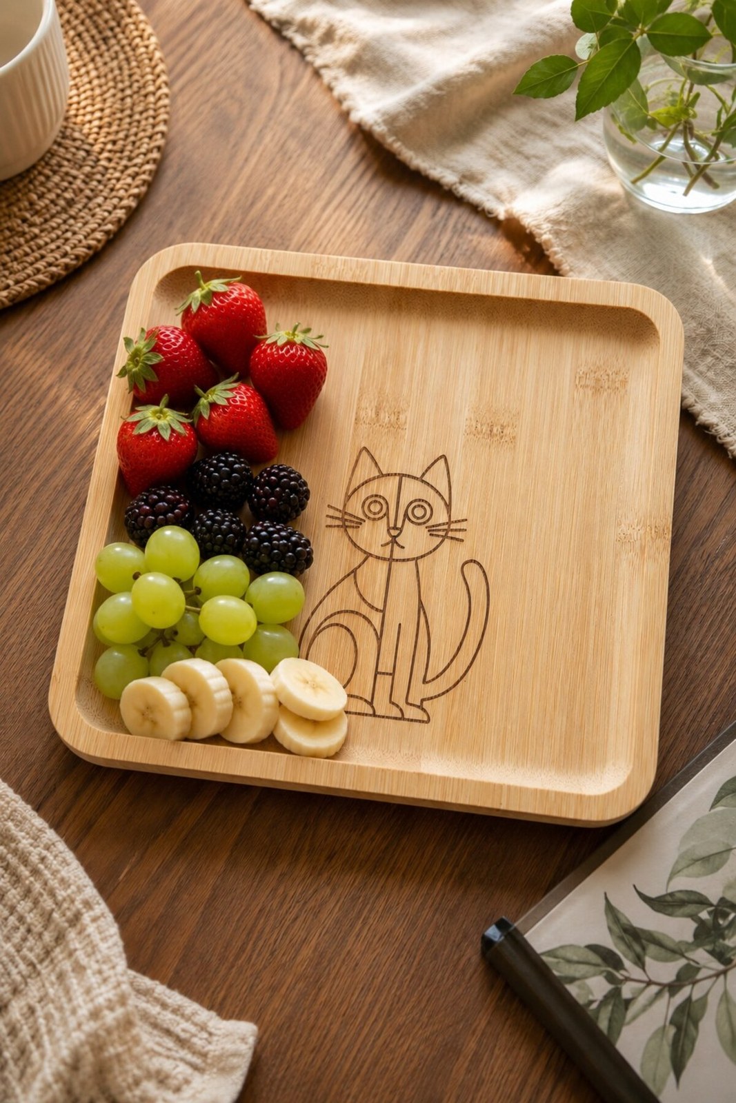 Kedi Desenli 20x20 cm Doğal Bambu Meyve ve Sunum Tabağı