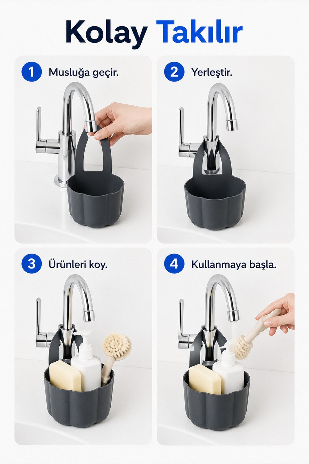 Askılı Musluk Organizeri, Lavabo Kenarı Sünger Fırça ve Sabunluk Sepeti (1 Adet)
