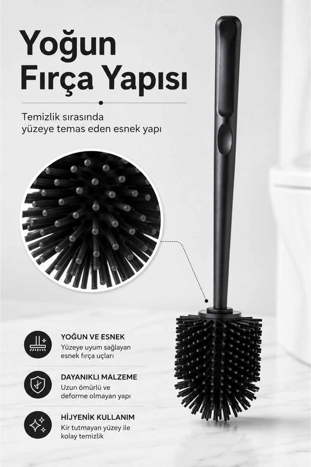 Silikon Tuvalet Fırçası Hazneli Uzun Saplı WC Temizleme Fırçası Siyah