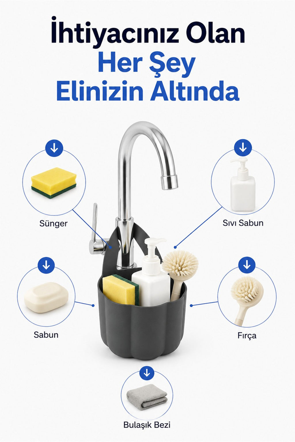 Askılı Musluk Organizeri, Lavabo Kenarı Sünger Fırça ve Sabunluk Sepeti (1 Adet)