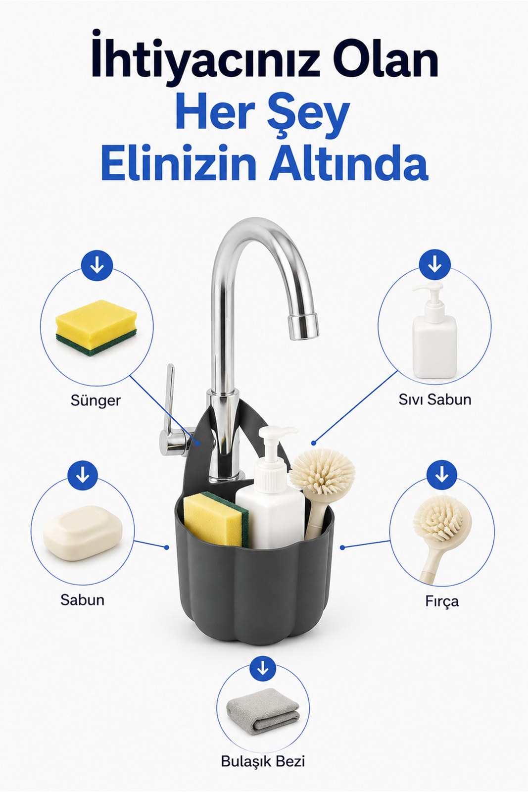 Askılı Musluk Organizeri, Lavabo Kenarı Sünger Fırça ve Sabunluk Sepeti (1 Adet)
