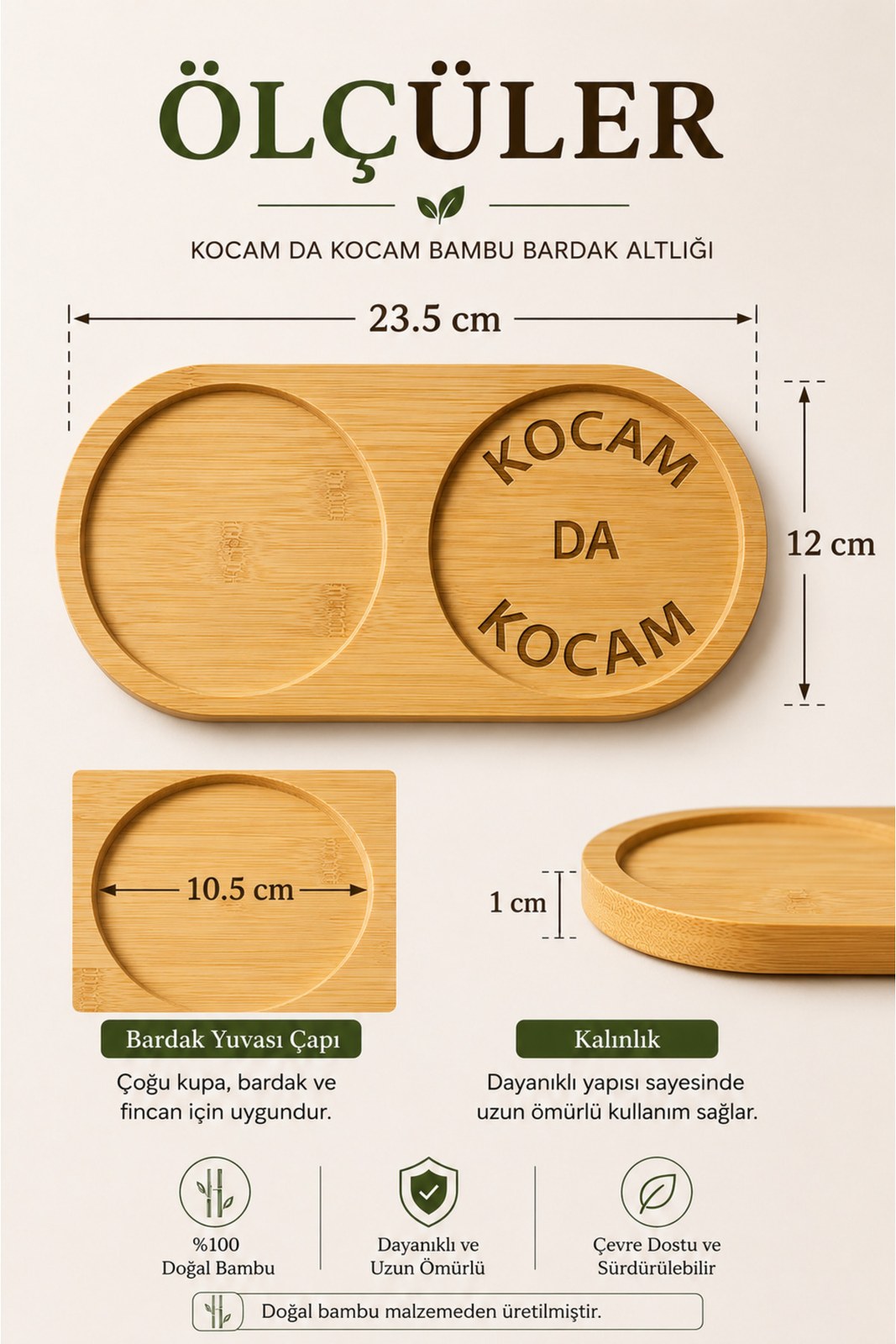 Kocam Da Kocam Bambu Çift Bardak Altlığı, Kahve Sunumluğu Sunum Tepsisi - Eşe Hediye