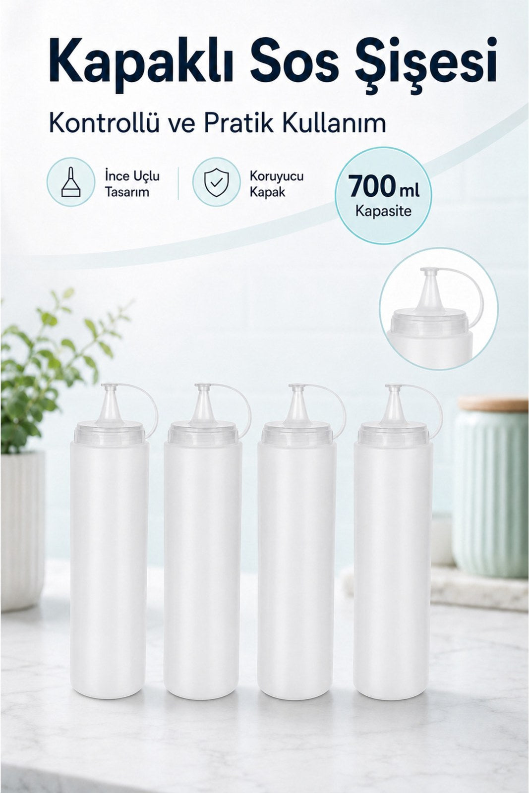 Zeytinyağı Şişesi - Plastik Yağlık Sosluk Şişesi 700 Ml, Şeffaf Yağdanlık, Sosluk Ketçap (4 Adet)