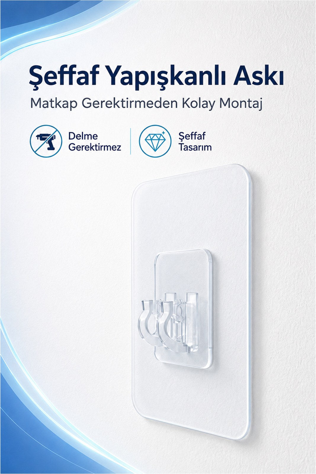 Şeffaf Yapışkanlı Askı - Matkap Gerektirmeden Kolay Montaj, Tekli Telli (1 Adet)