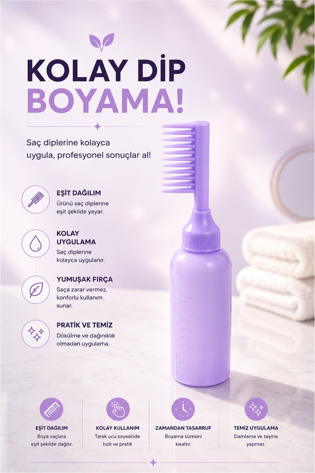 Yatay Saç Boyama Tarağı - Doldurulabilir Boya Şişeli Uygulama Tarağı (1 Adet)