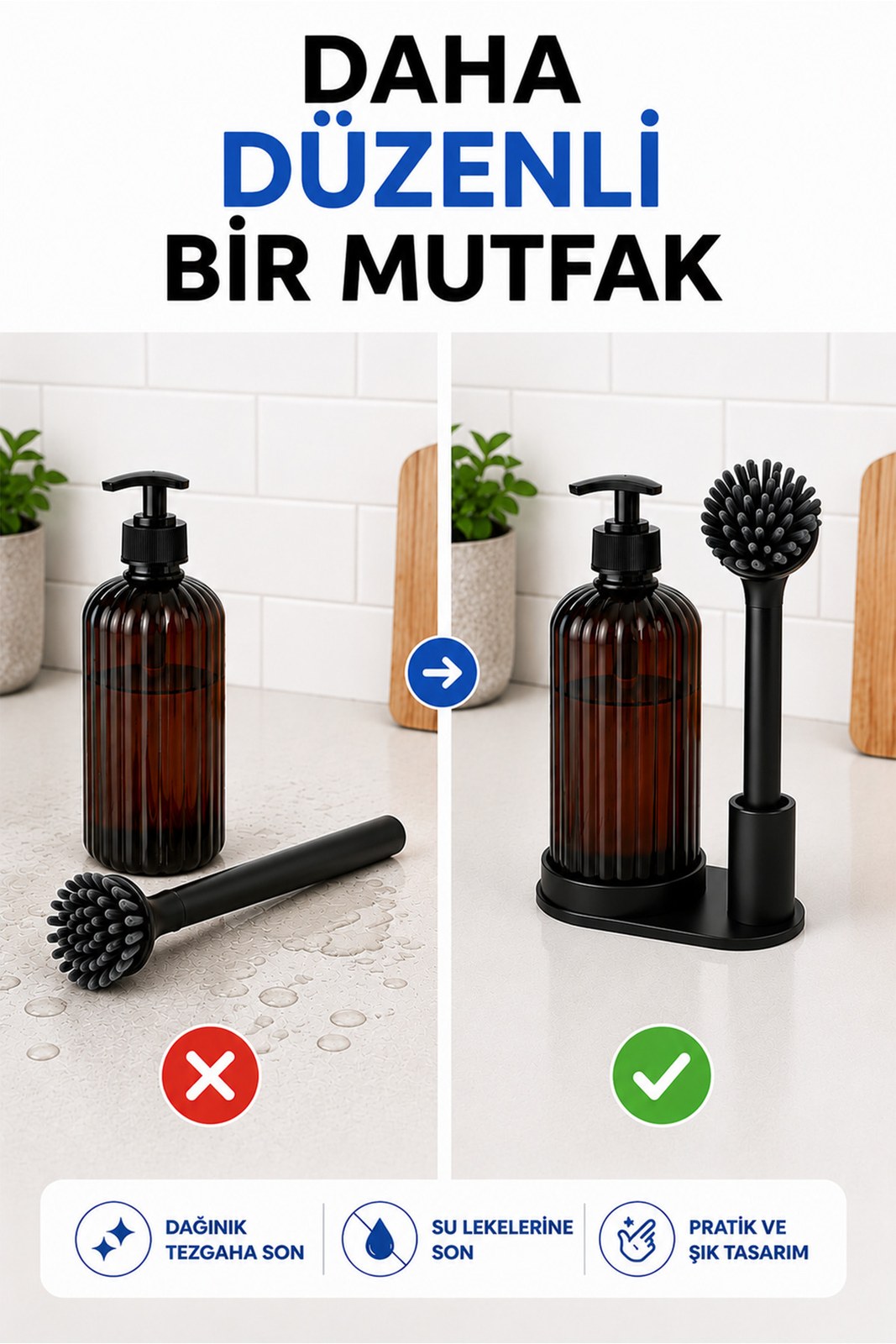 Sabunluklu Bulaşık Fırçası Standı - Deterjan Şişeli Fırça Seti (1 Adet)