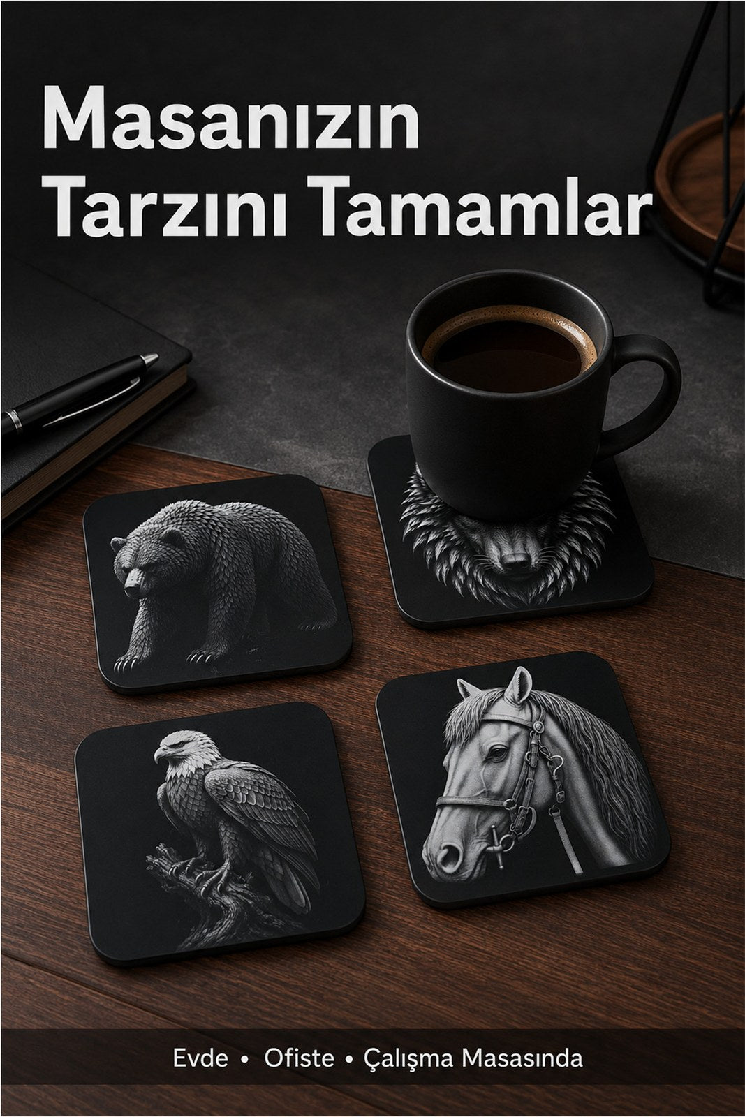Hayvan Figürlü Kaymaz Bardak Altlığı Seti, Kurt Ayı Kartal At Desenli 4'lü Takım (4 Adet)