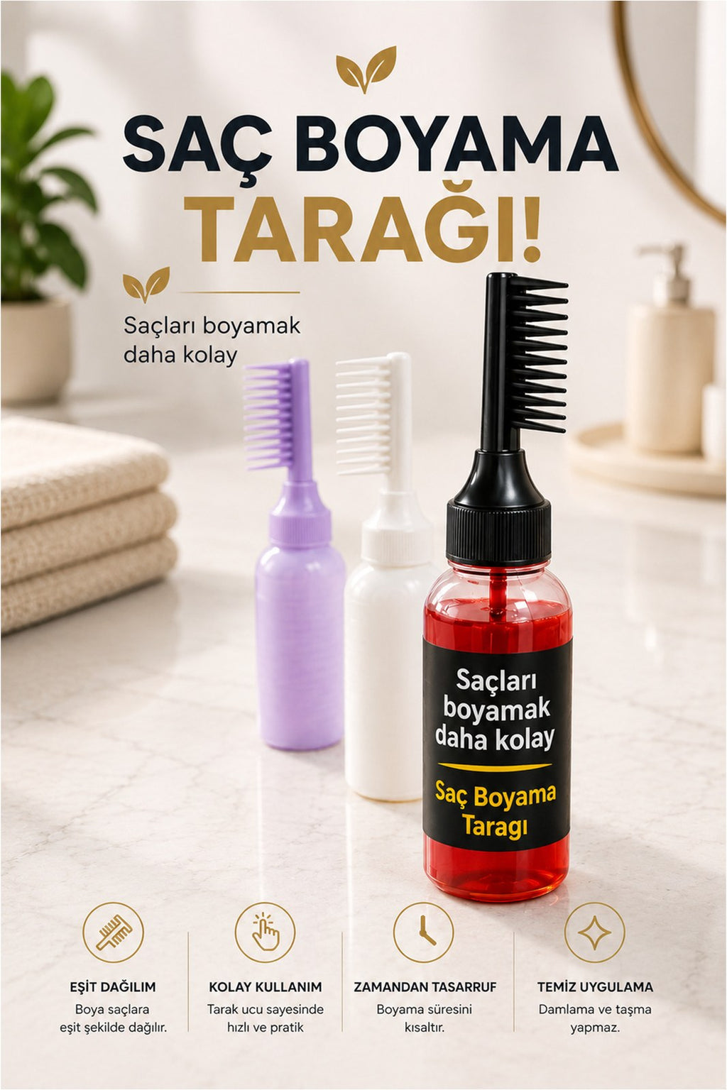 Yatay Saç Boyama Tarağı - Doldurulabilir Boya Şişeli Uygulama Tarağı (1 Adet)