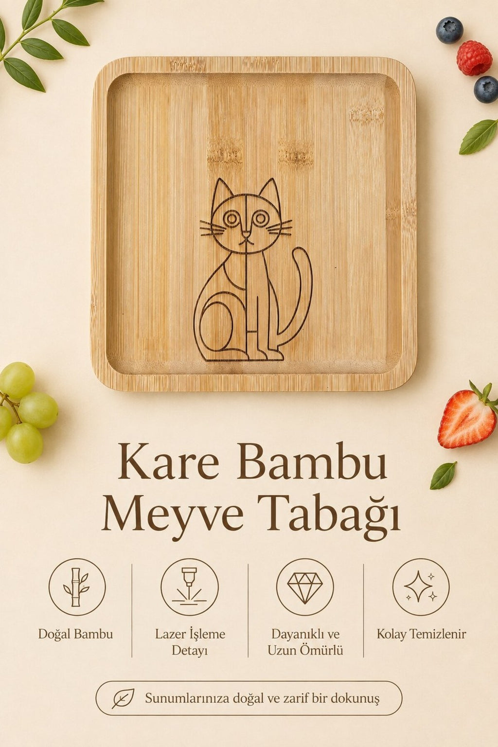 Kedi Desenli 20x20 cm Doğal Bambu Meyve ve Sunum Tabağı
