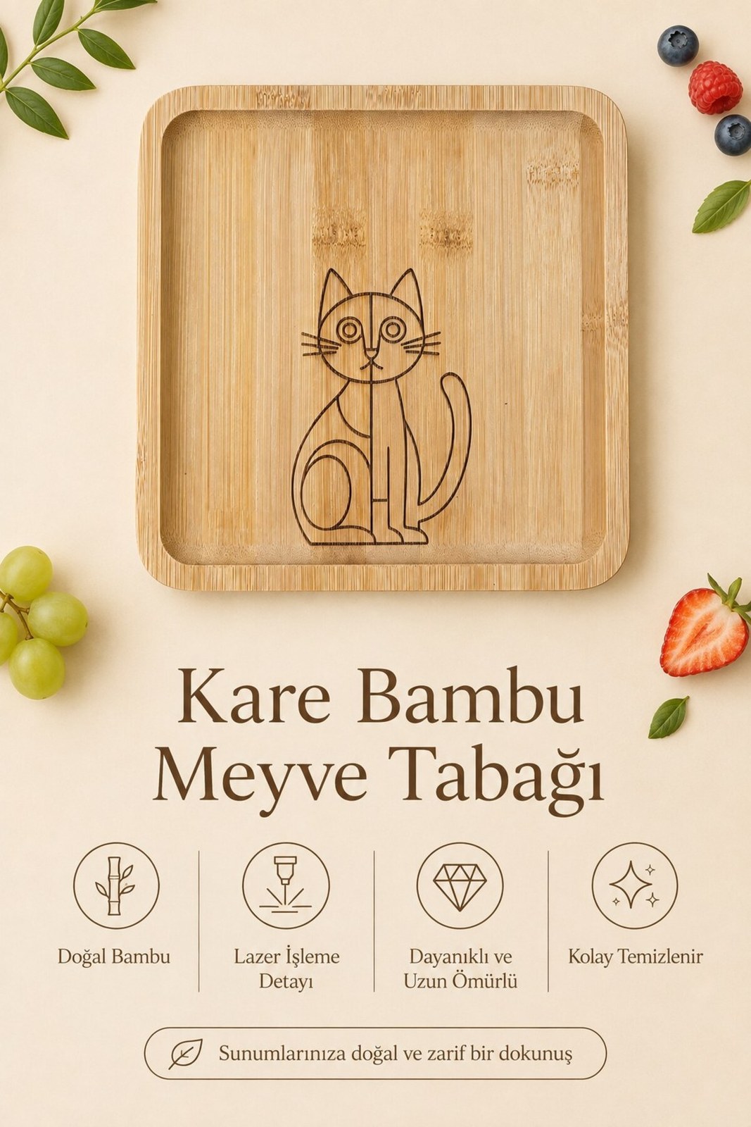 Kedi Desenli 20x20 cm Doğal Bambu Meyve ve Sunum Tabağı