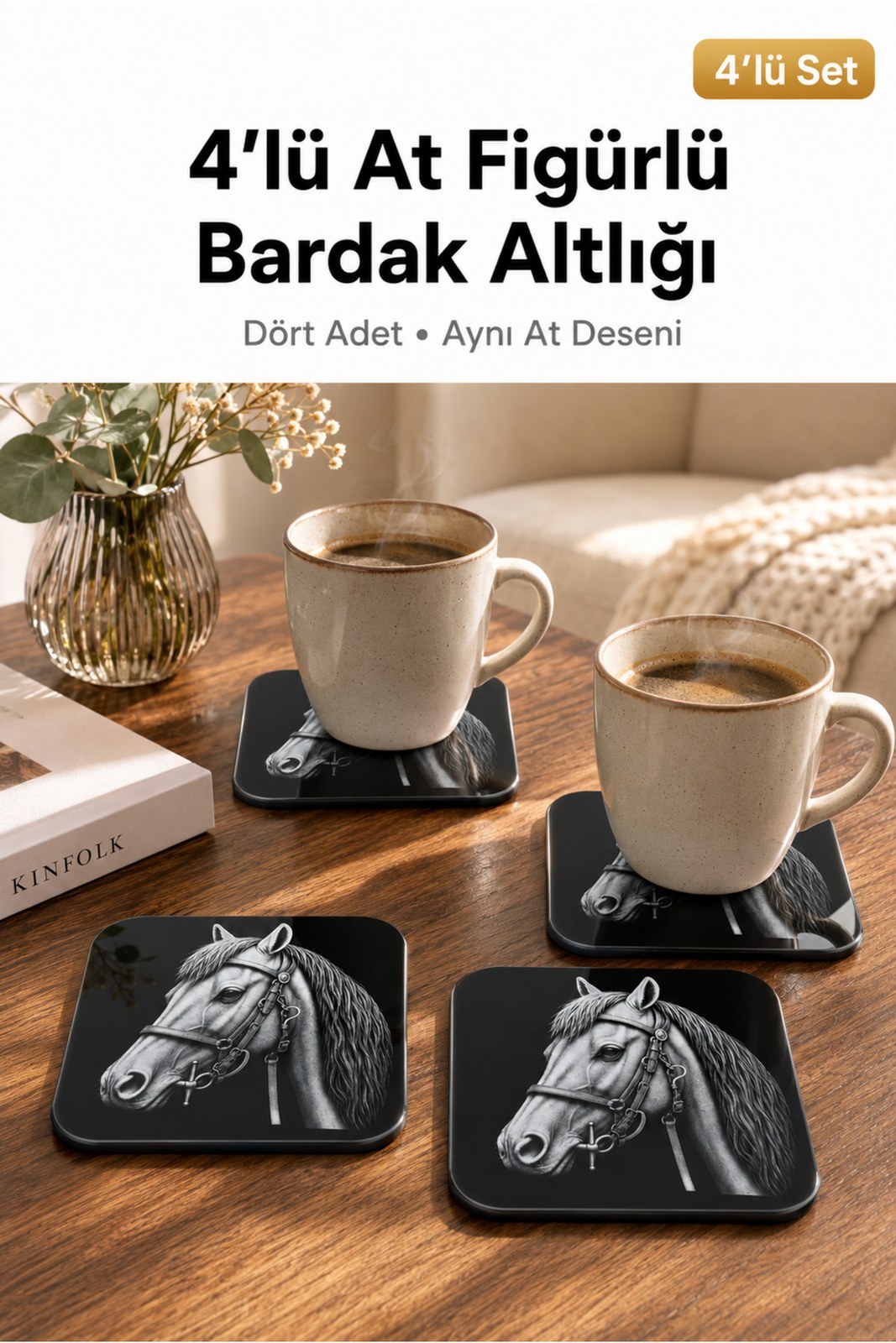 At Figürlü Kaymaz Bardak Altlığı, Masa ve Sehpa Koruyucu (4 Adet)