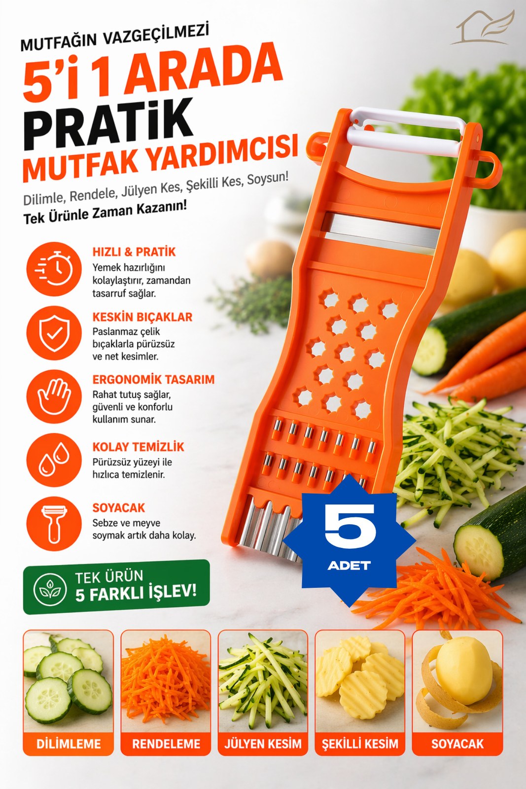 Çok Fonksiyonlu Sebze Dilimleyici Rende, Spiral ve Julienne Doğrayıcı (5 Adet)