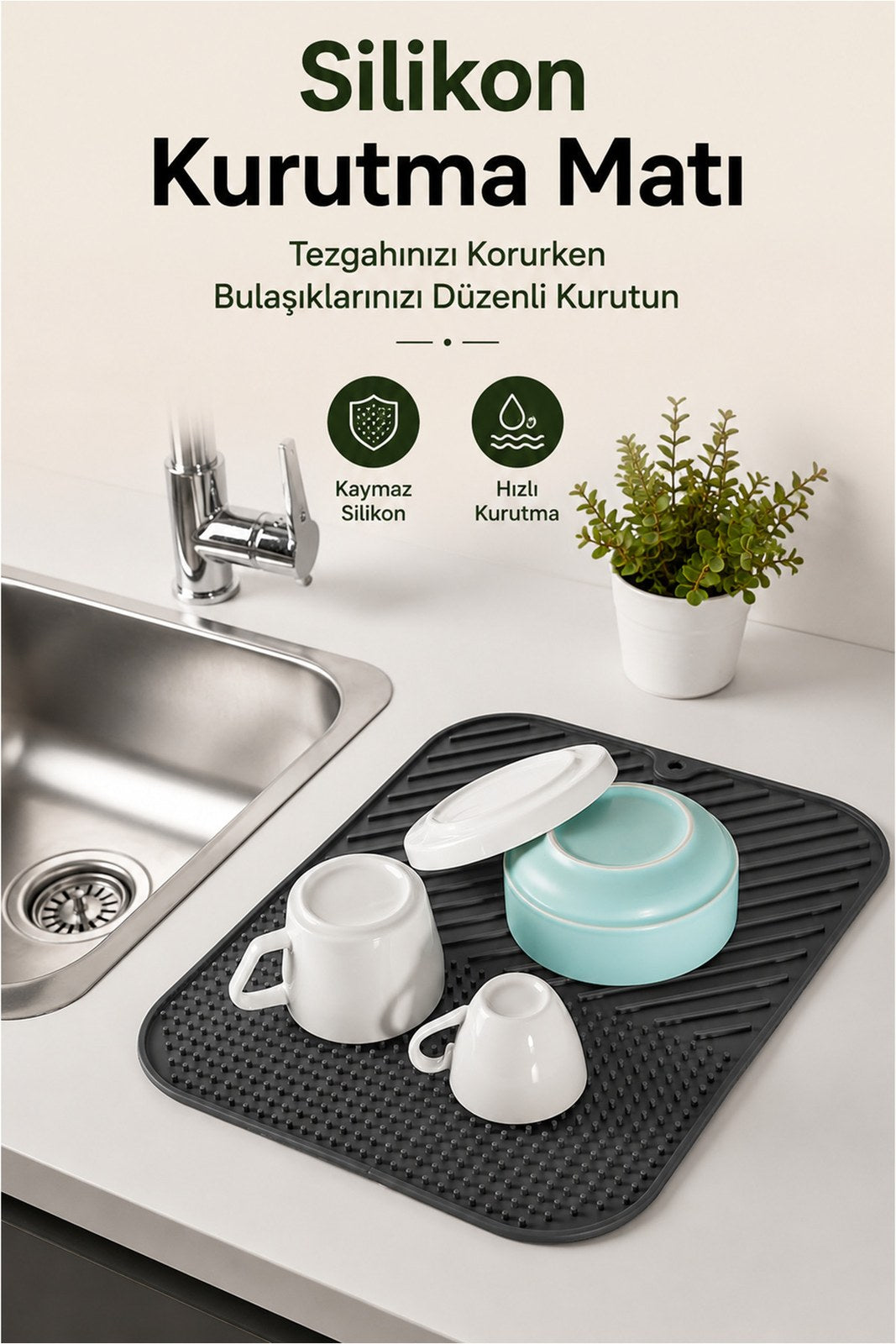 Bulaşık Kurutmalık - Silikon Bulaşık Kurutma Matı - Kaymaz Tezgah Koruyucu Mat (1 Adet)