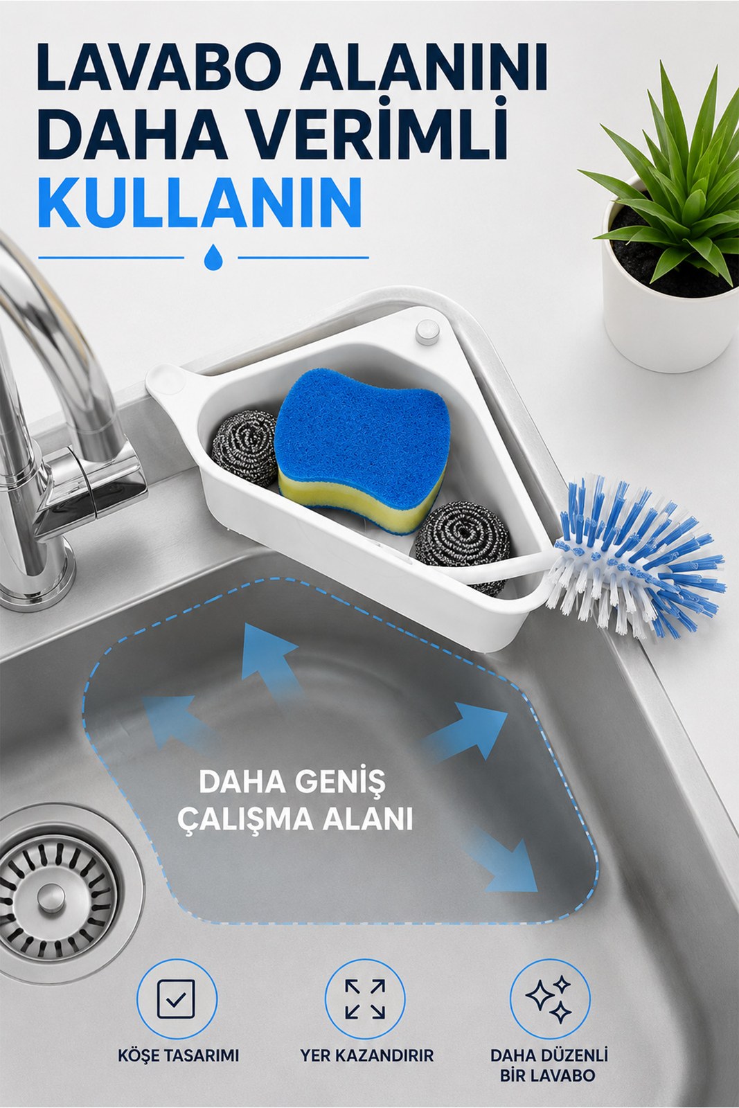 Banyo Düzenleyici Süzgeçli Köşe Lavabo Rafı - Üçgen Bulaşık Sepeti (1 Adet)