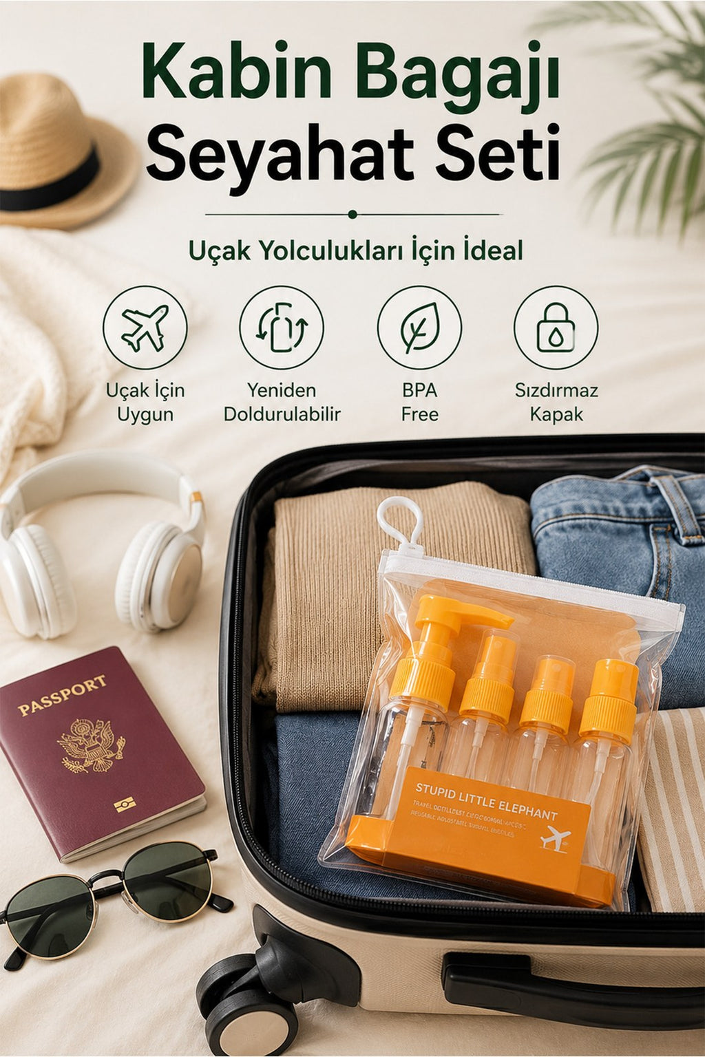 Bavul Düzenleyici Kabin Bagajı Seyahat Seti - Doldurulabilir Mini Şişe ve Fermuarlı Çanta (4 Adet)