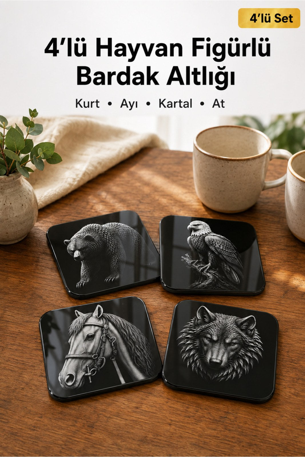 Hayvan Figürlü Kaymaz Bardak Altlığı Seti, Kurt Ayı Kartal At Desenli 4'lü Takım (4 Adet)