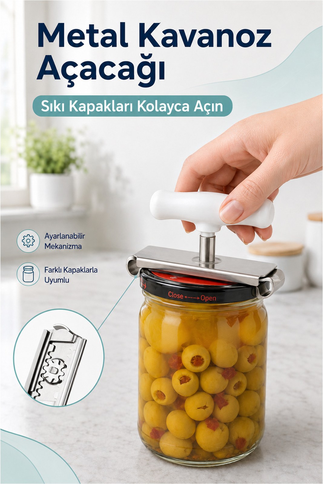 Metal Kavanoz Açacağı - Ayarlanabilir Mekanizma, Sıkı Kapakları Kolayca Açın (1 Adet)