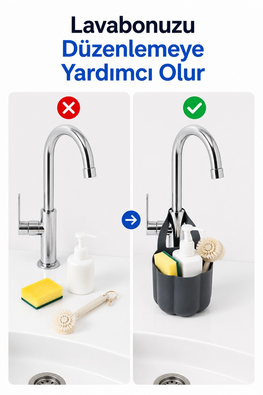 Askılı Musluk Organizeri, Lavabo Kenarı Sünger Fırça ve Sabunluk Sepeti (1 Adet)